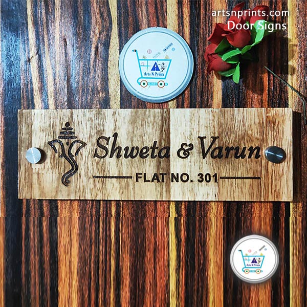 Apartment flat door wooden name plate online store in Bangalore artsnprintsckarnataka